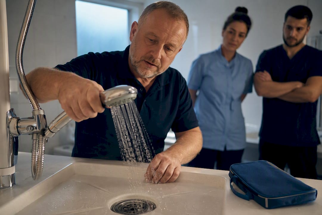 Trainer demonstrating shower outlet flushing
