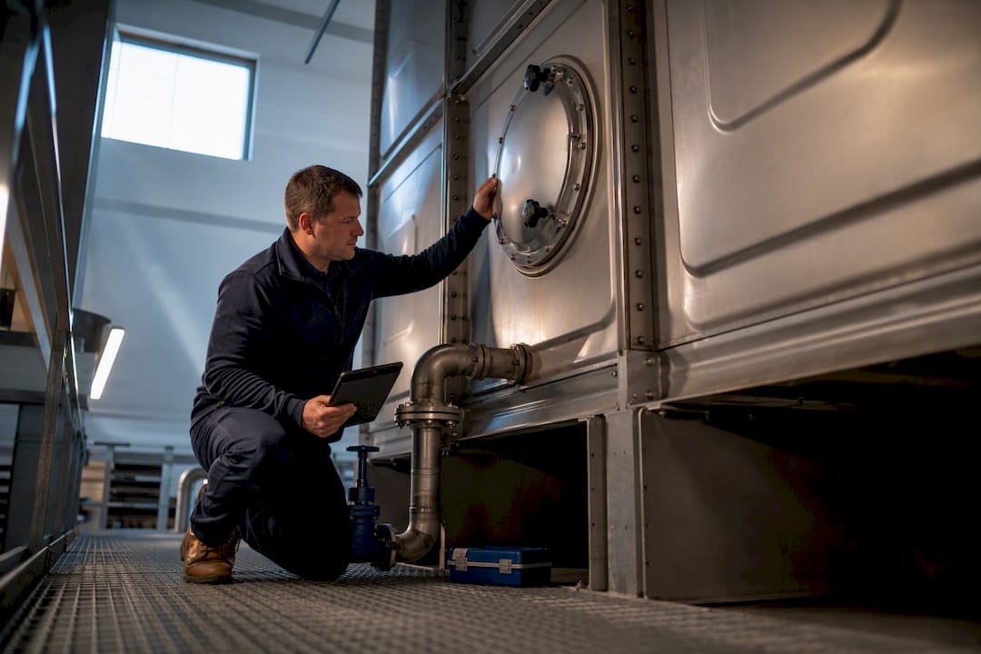 Technician inspecting a commercial water tank