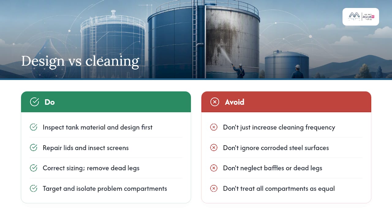 Tank design factors affecting cleaning frequency