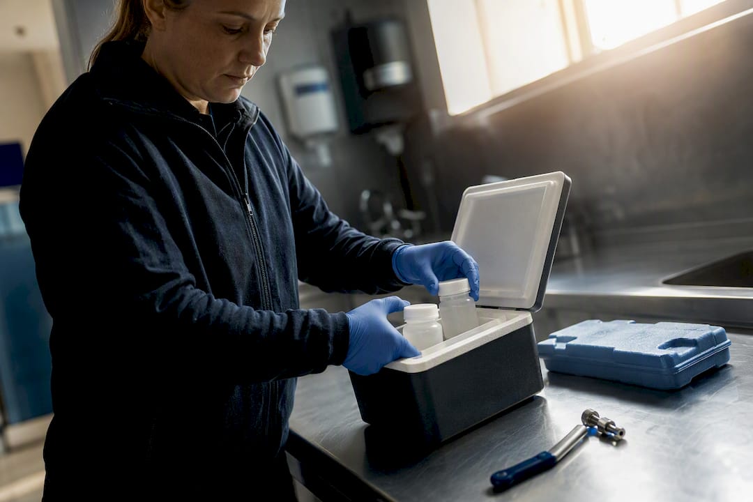 Water samples prepared for laboratory transport
