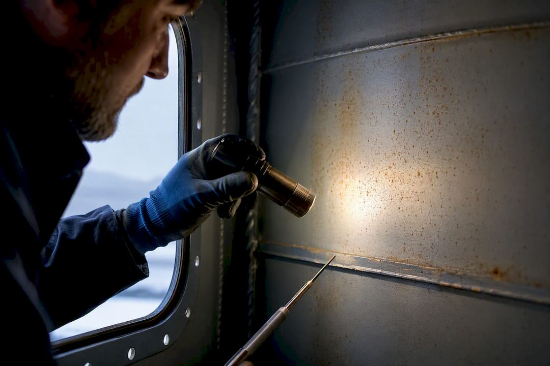 Engineer inspecting corrosion inside water tank