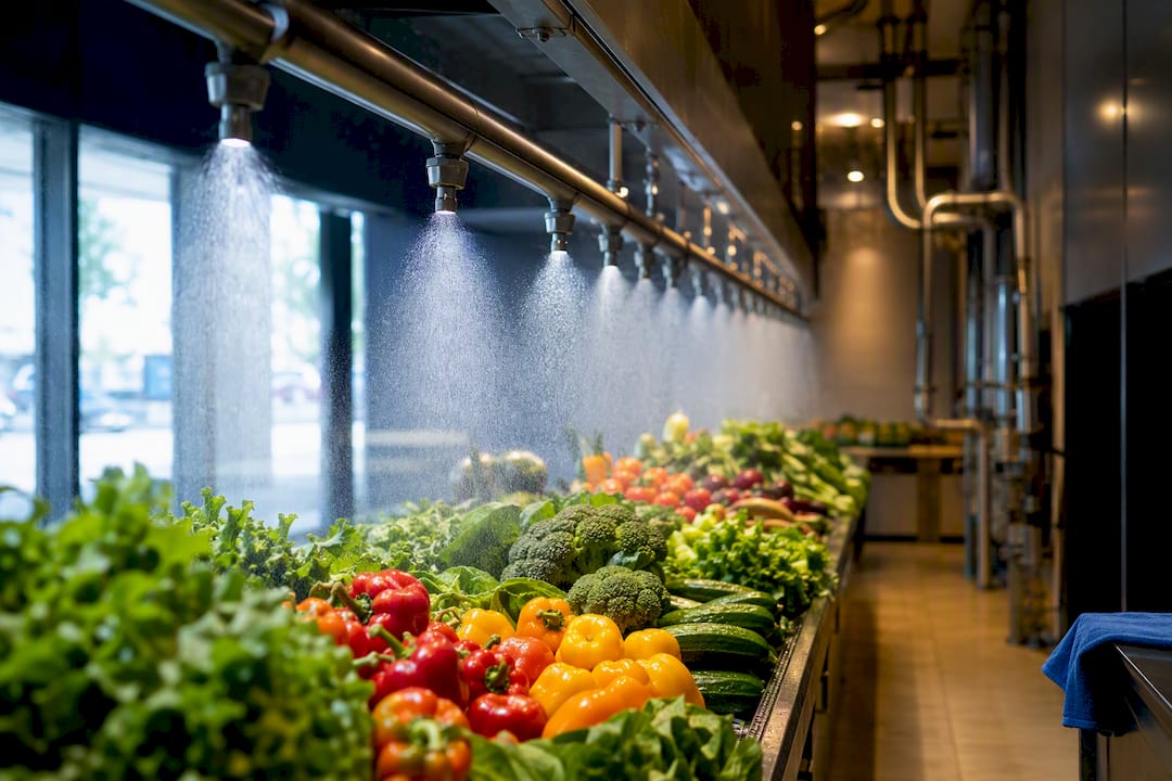 Retail produce misting system under inspection