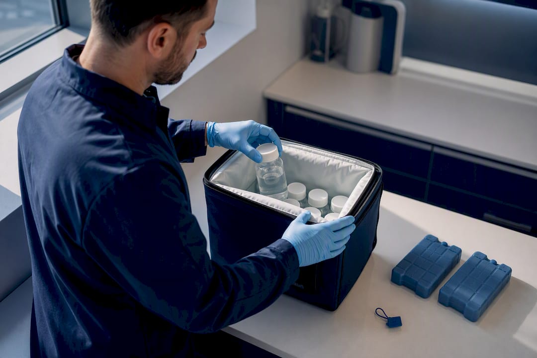 Water samples prepared for laboratory transport