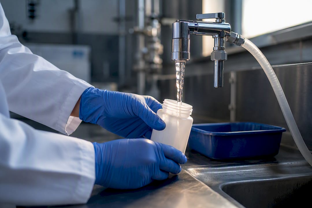 Technician collecting a pre-flush water sample