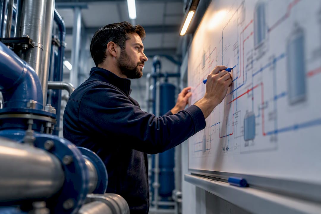 Professional reviewing a water system schematic