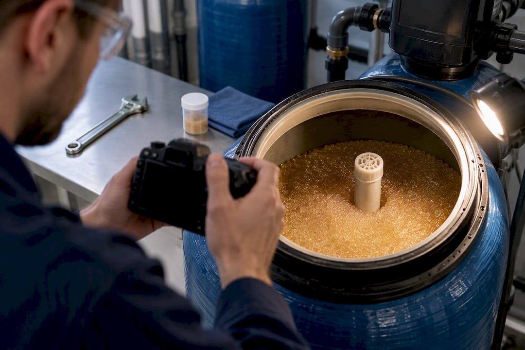 Engineer photographing water softener resin bed
