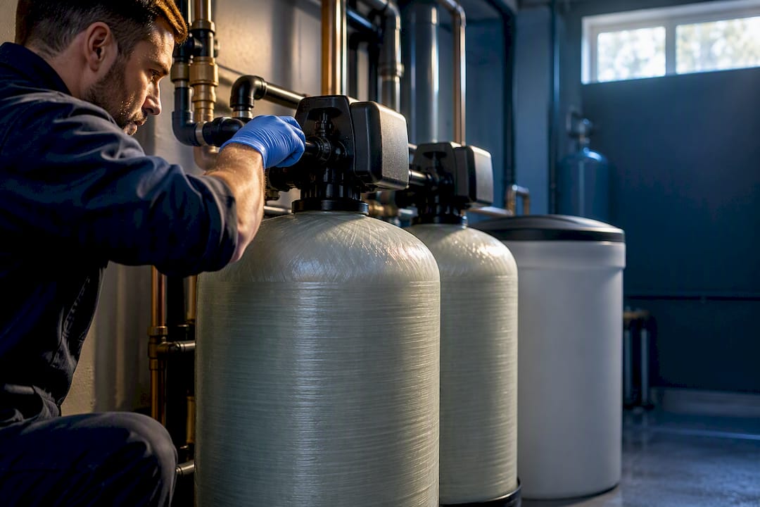 Commercial water softener installation in plant room
