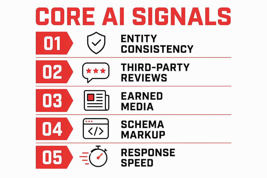 Infographic illustrating core AI ranking signals