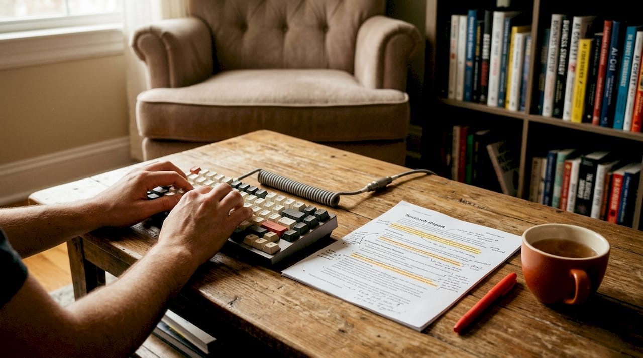 Hands typing near annotated research documents