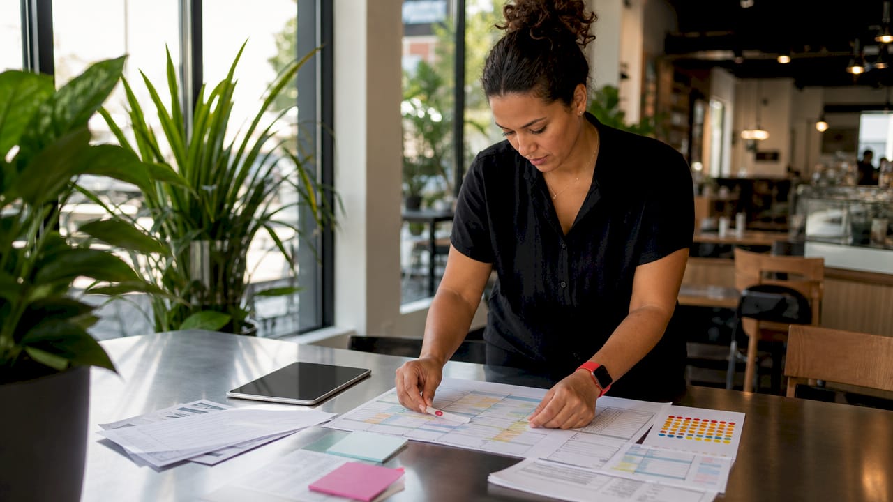 Hands arranging schedules with buffer times in workshop
