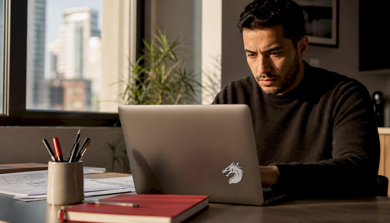 Contractor working on laptop at home office