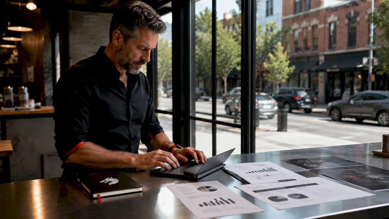 Man typing contractor keywords at home office