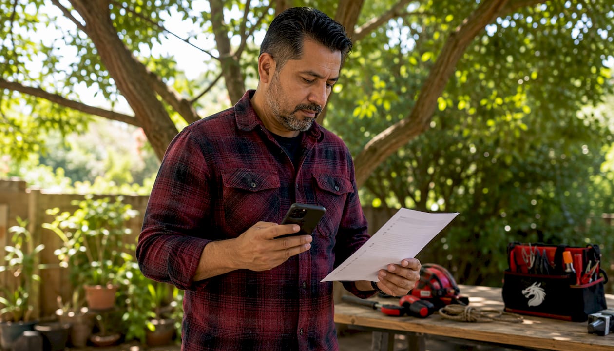 Man verifying tree service leads on phone at desk