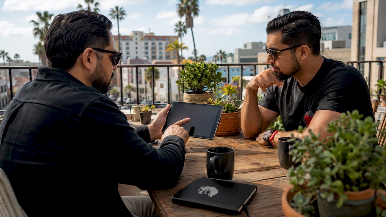 Client meeting discussing website design in café