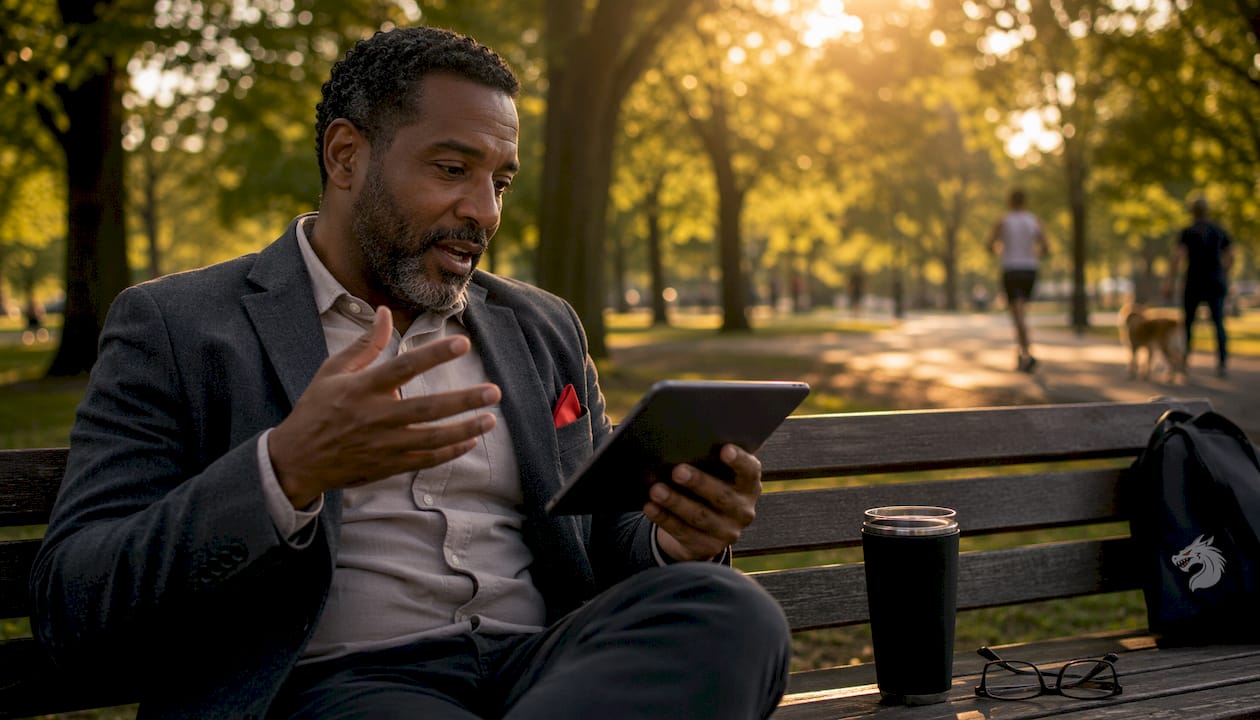 Man managing PPC campaign on tablet at café
