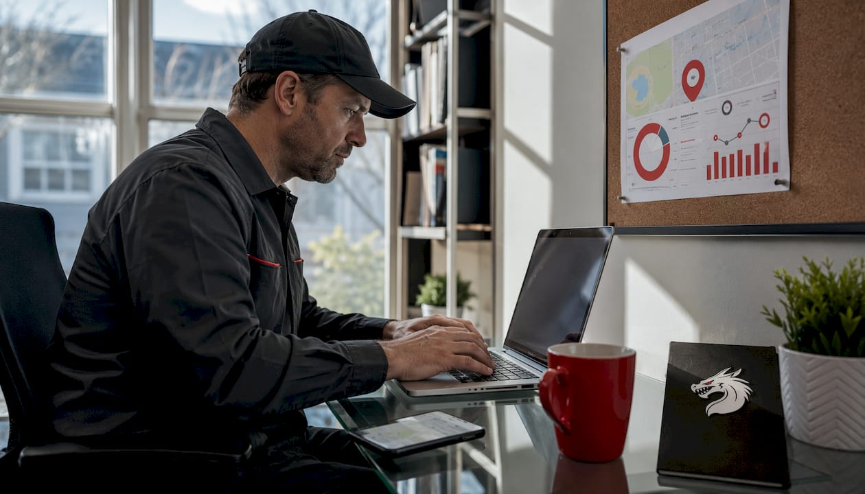 Plumber working on local SEO in home office.