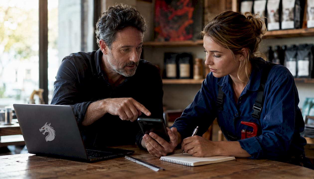 Consultant and plumber reviewing neighborhood SEO maps.