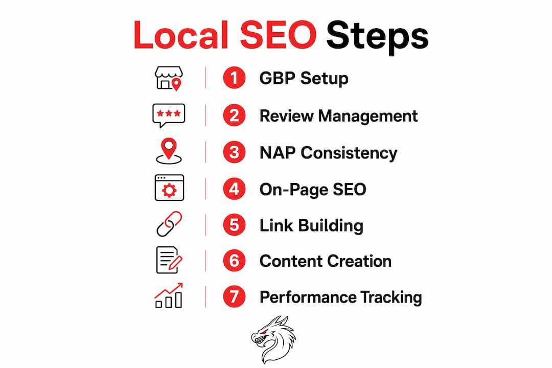 Infographic illustrating 7 key local SEO steps for plumbers.
