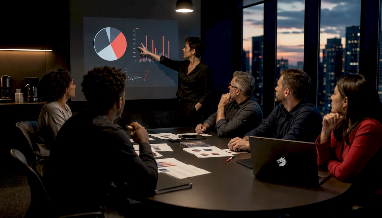 Team discussing marketing alternatives at meeting table