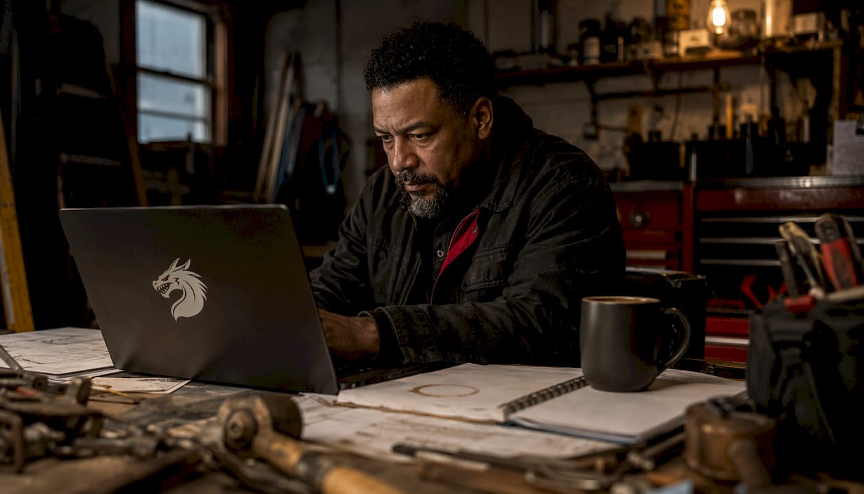 Contractor reviewing lead services on laptop