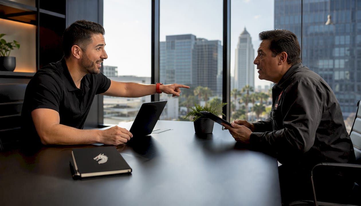 Consultant and contractor discussing SEO strategy