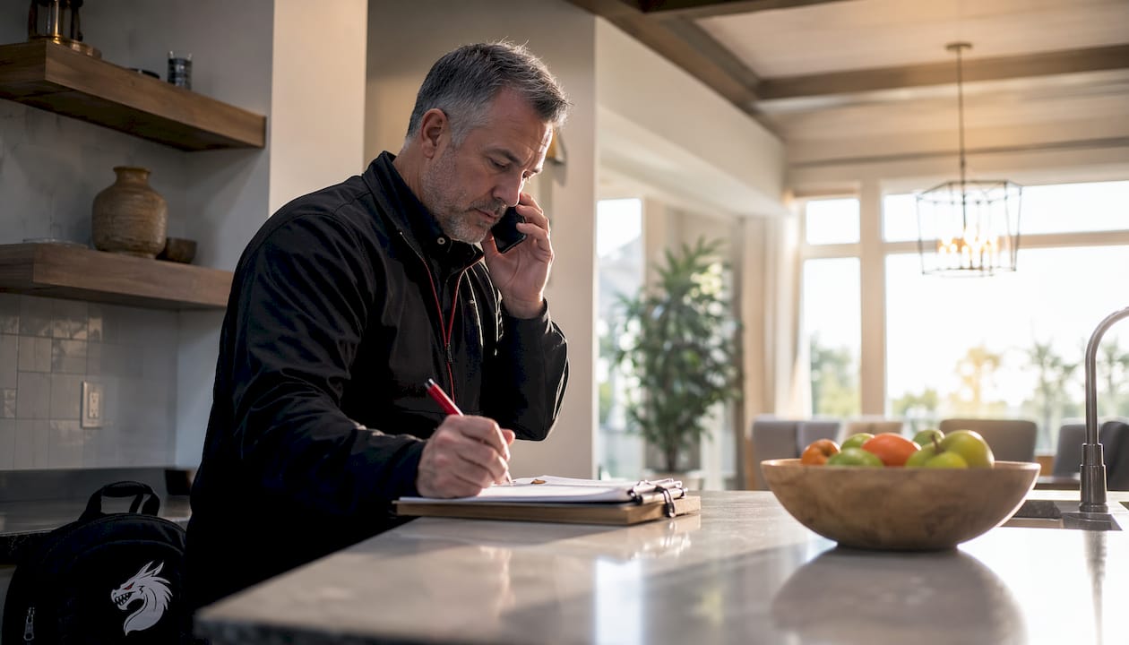 HVAC salesperson taking call with clipboard