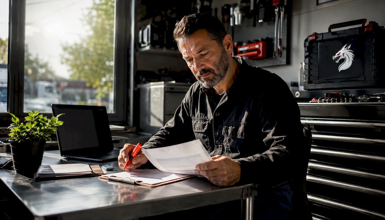Business owner reviewing lead report in office