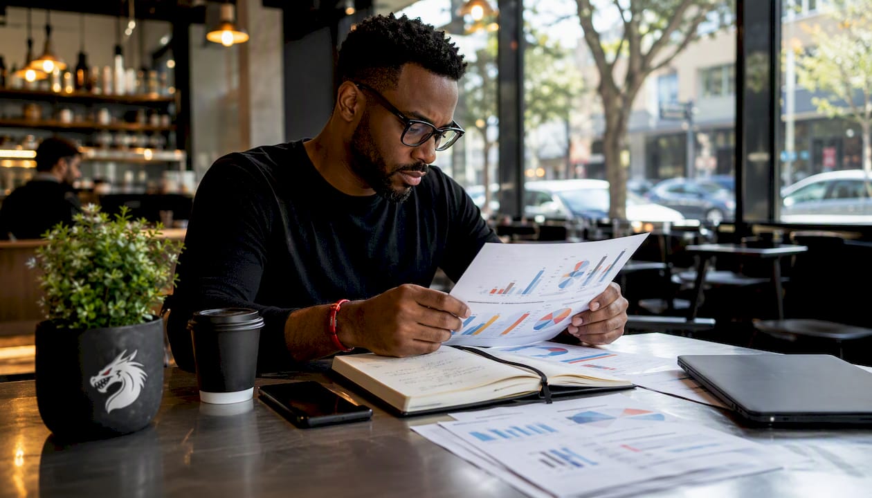 Man reviewing marketing reports at desk