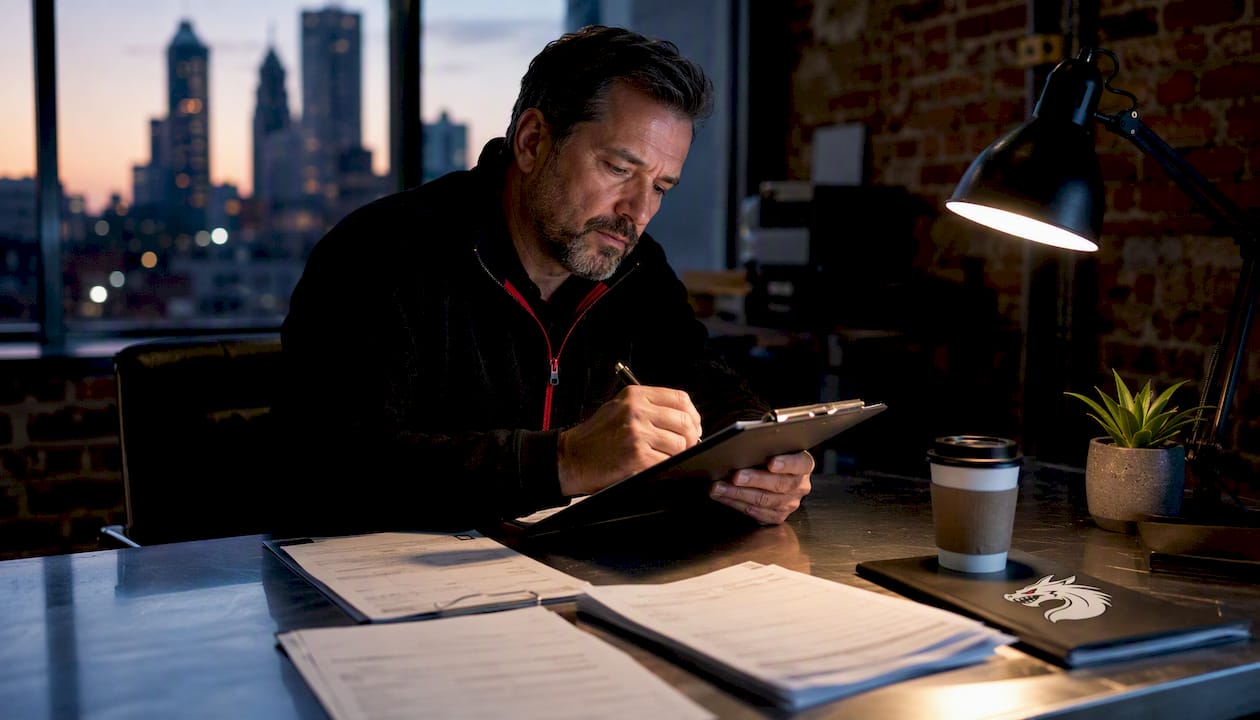 Business owner reviewing intake forms
