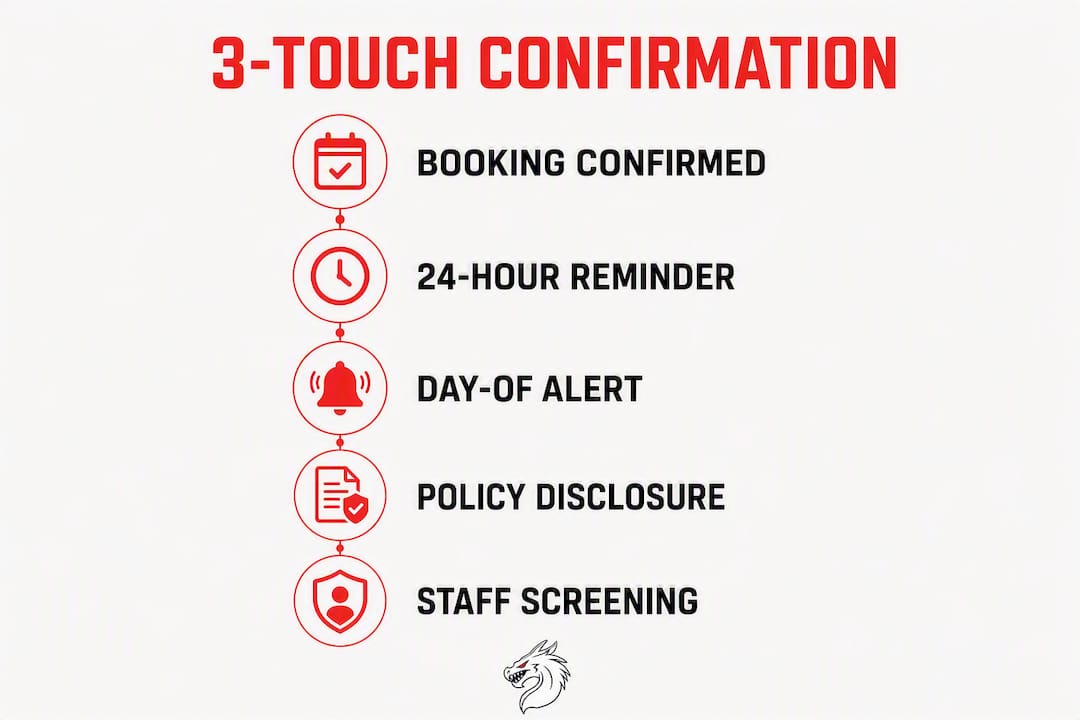 Infographic showing 3-touch confirmation steps to reduce cancellations