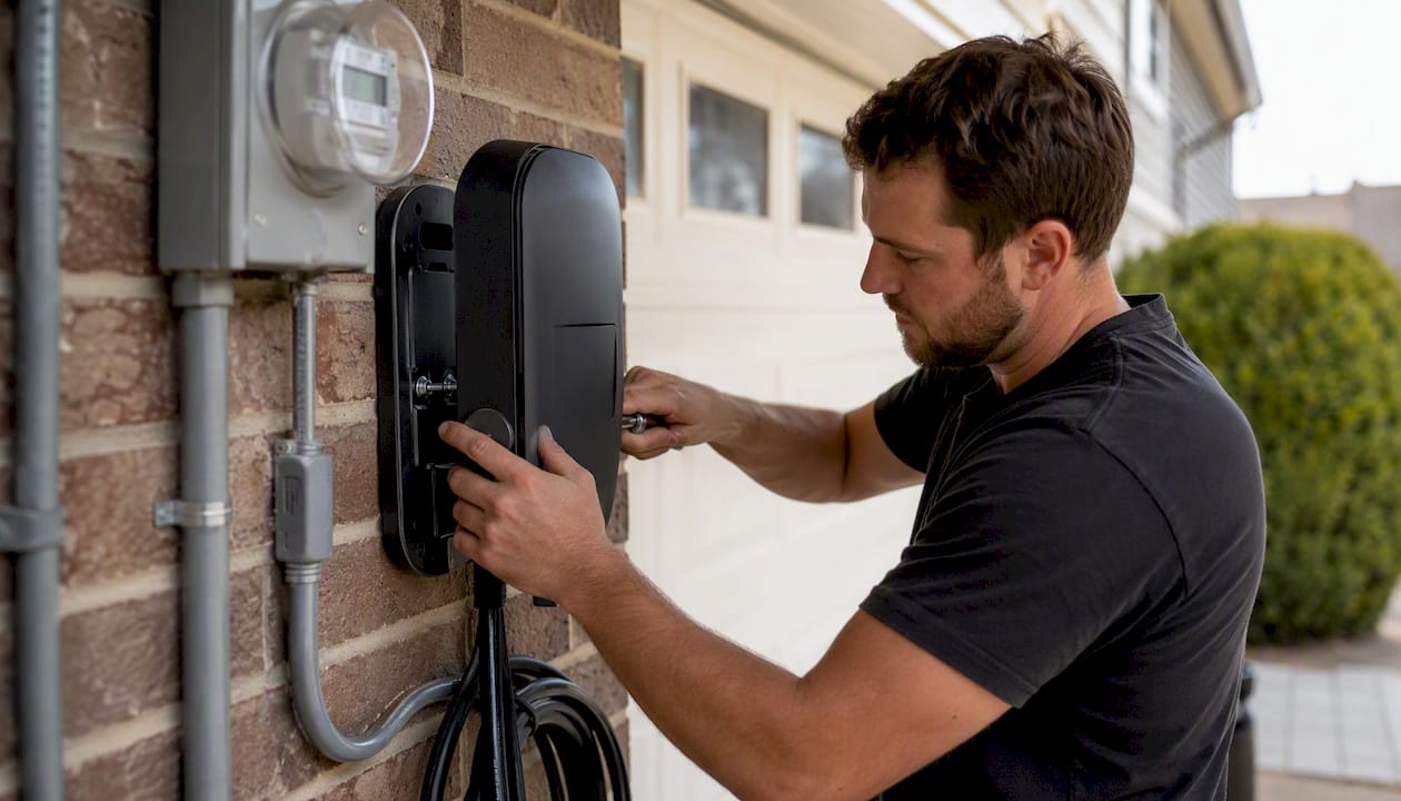 Electrician installing residential EV charger