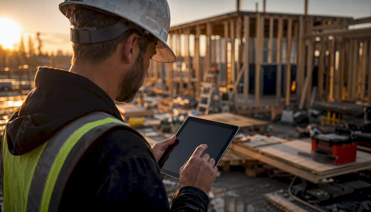 Contractor editing web content outdoors