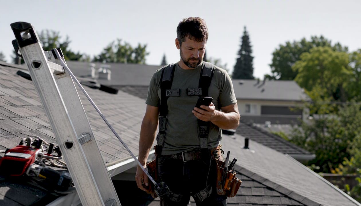 Roofer holding smartphone near roof work