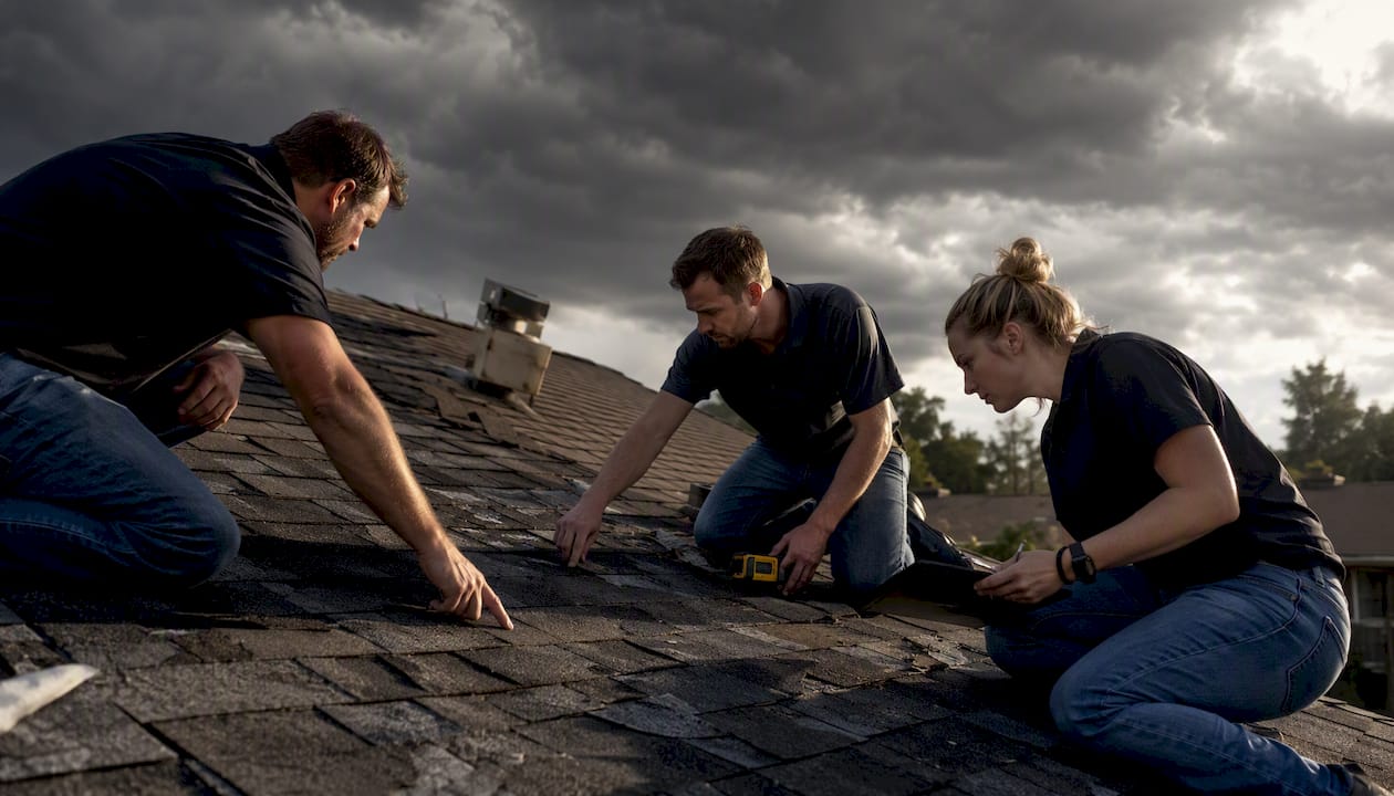 Roofing contractors inspecting storm damage at house