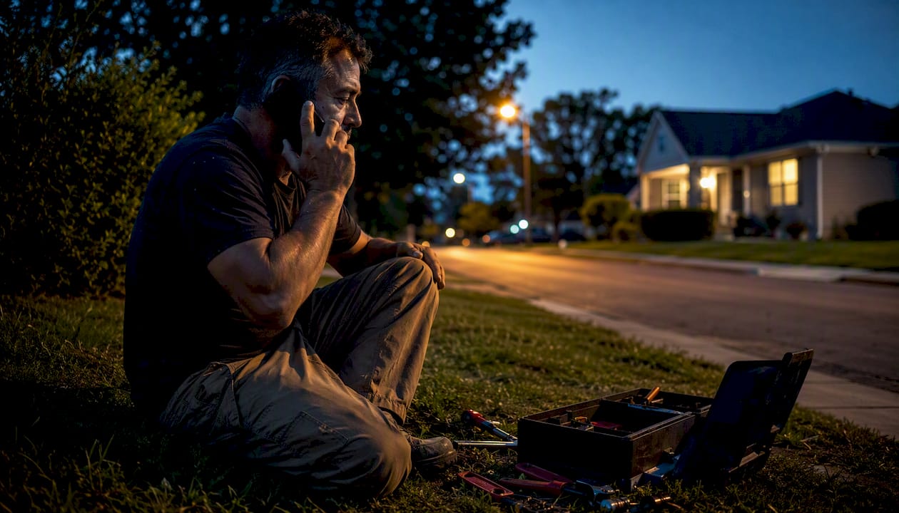 Contractor answering urgent phone call outside house