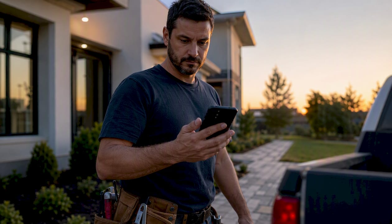 Contractor reaching to answer phone at dawn