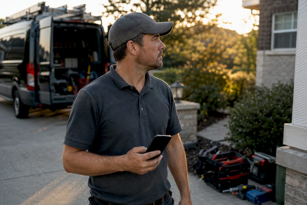 Contractor checking phone outdoors at job site
