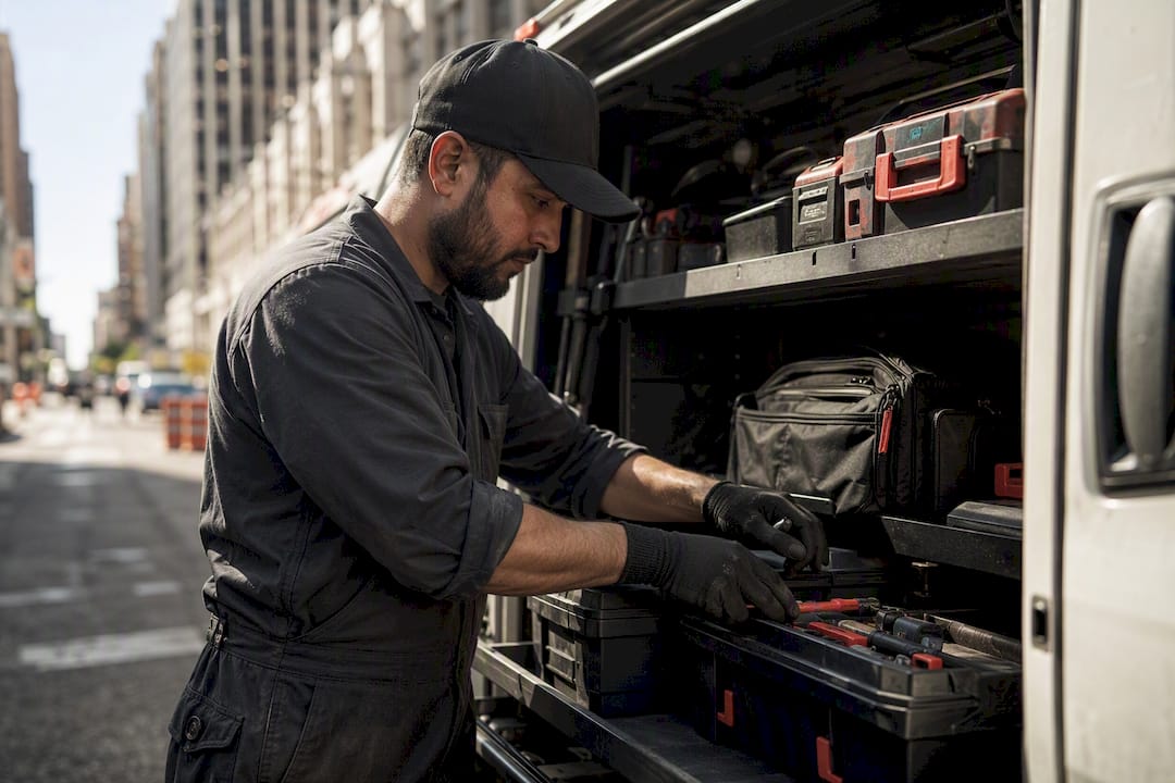 Technician organizing truck inventory