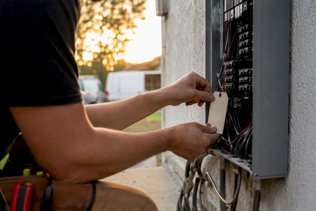 Electrician attaching permit tag on panel