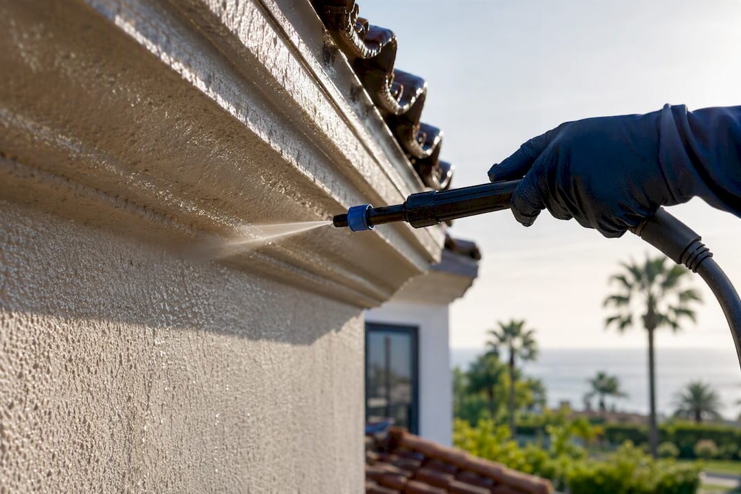 Operator applying low-pressure wash to stucco