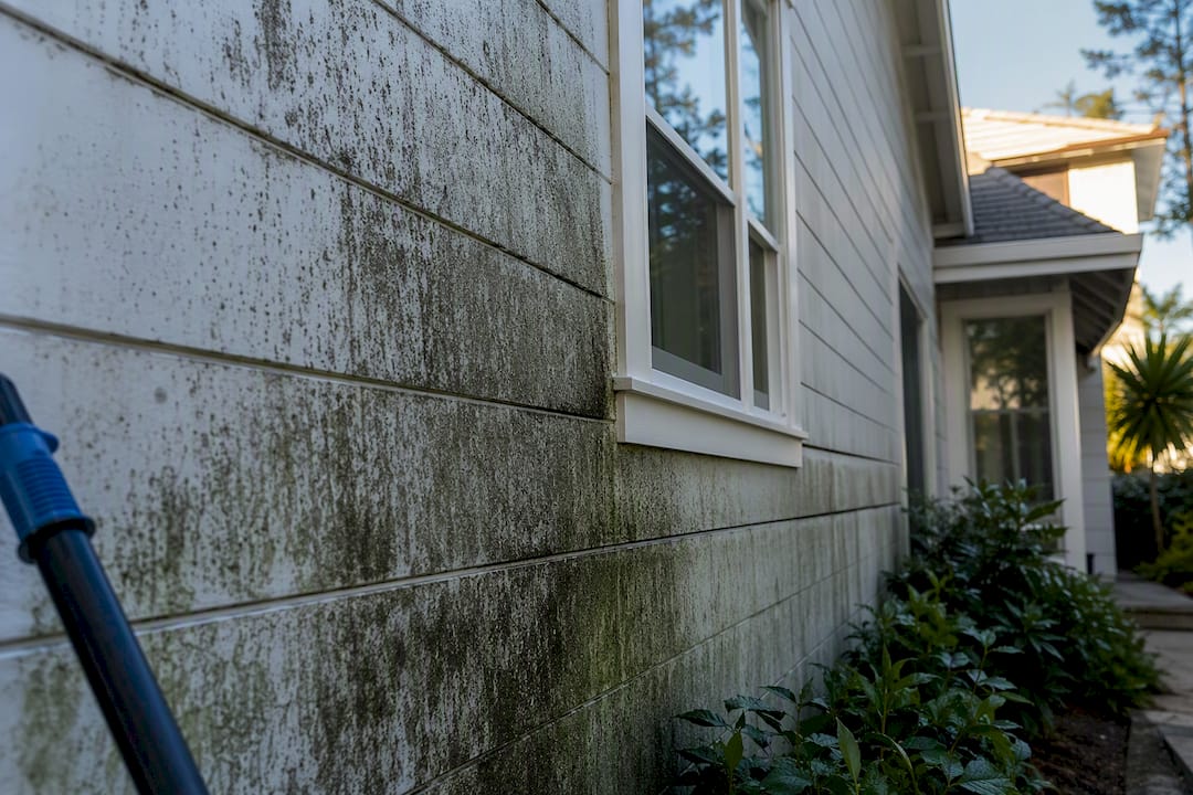 Mildew on shaded exterior siding wall