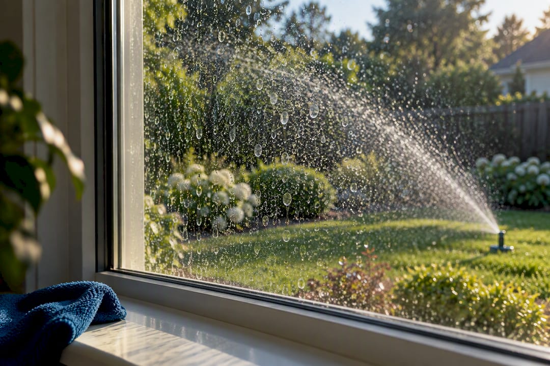 Sprinkler droplets leaving spots on window glass