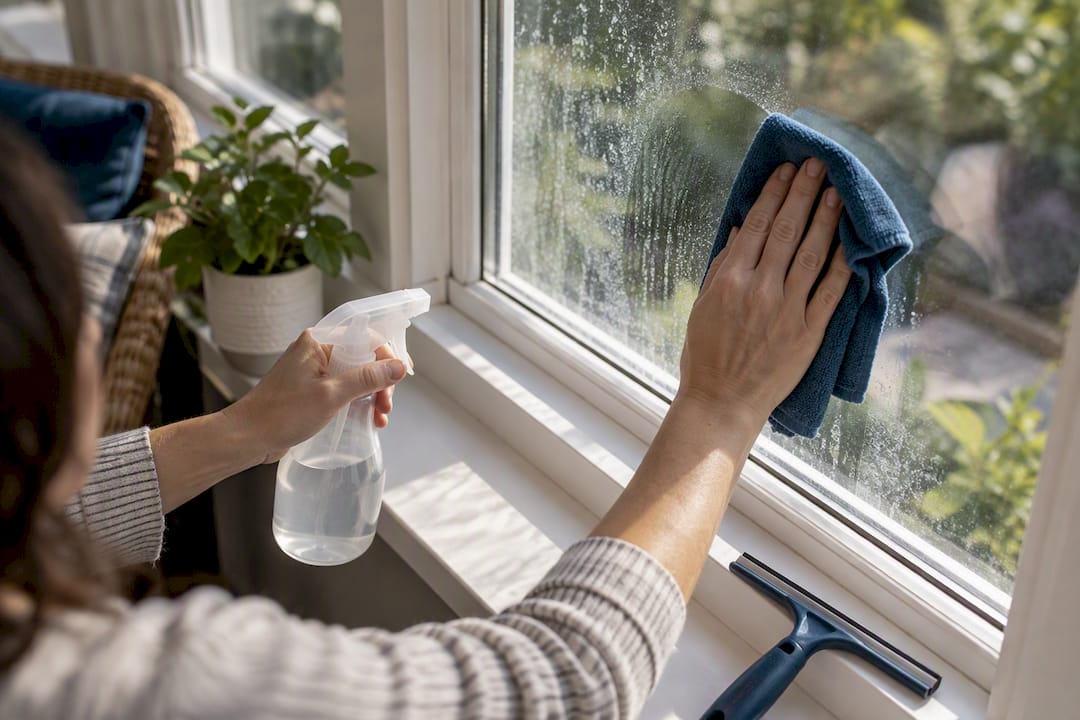 Hands rinsing fresh mineral spots from glass