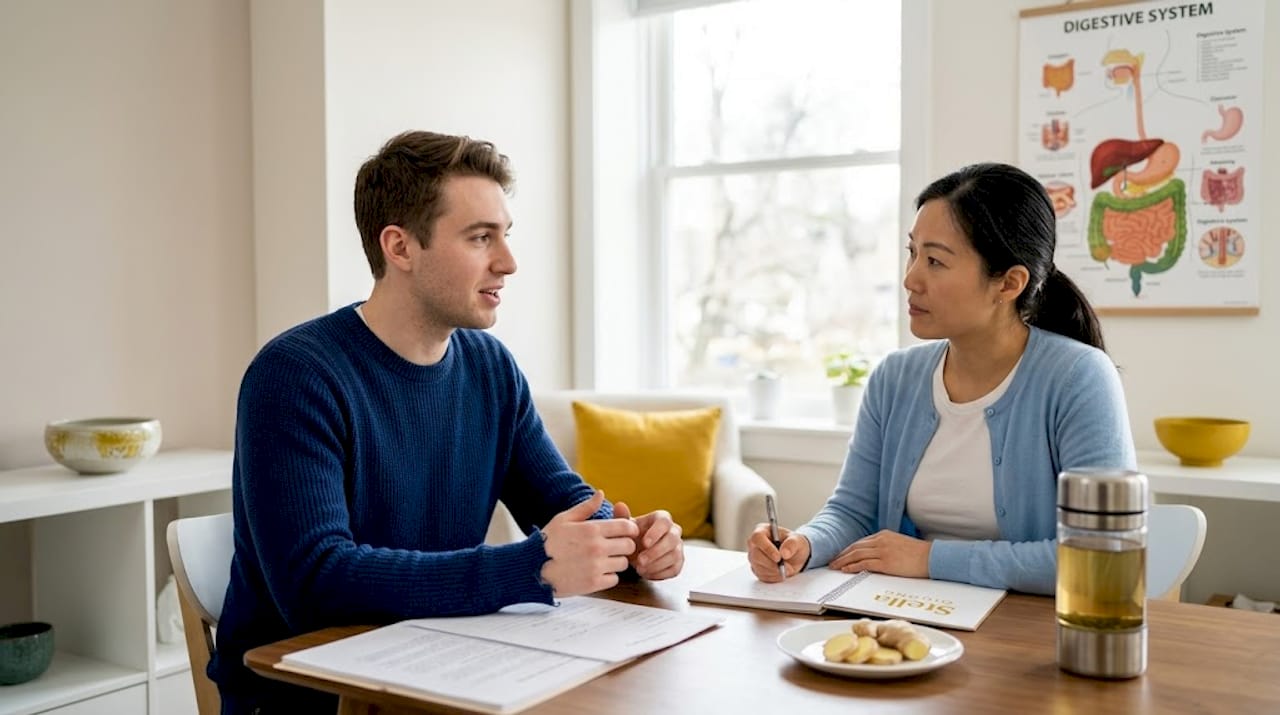 Acupuncturist consulting about gut health with patient