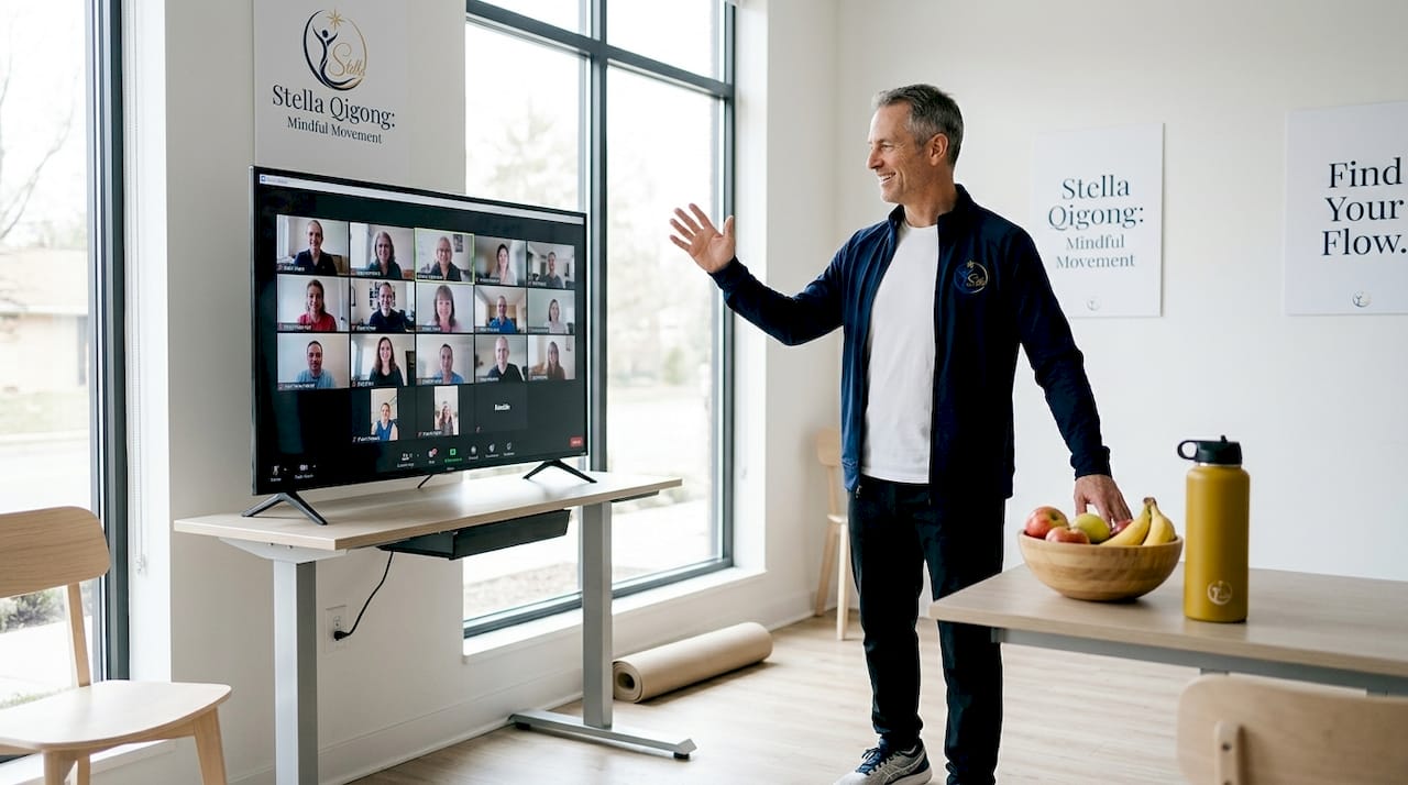 Instructor greeting online workout participation