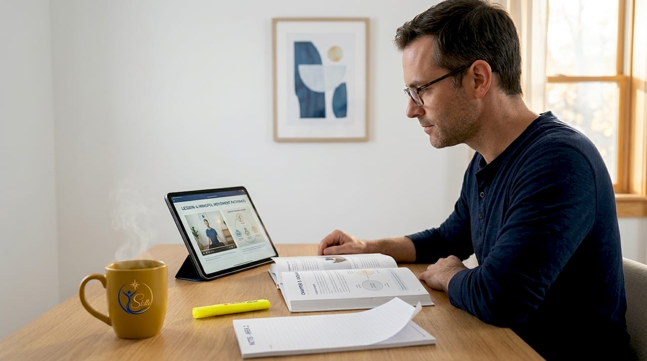 Man studies holistic courses in kitchen workspace