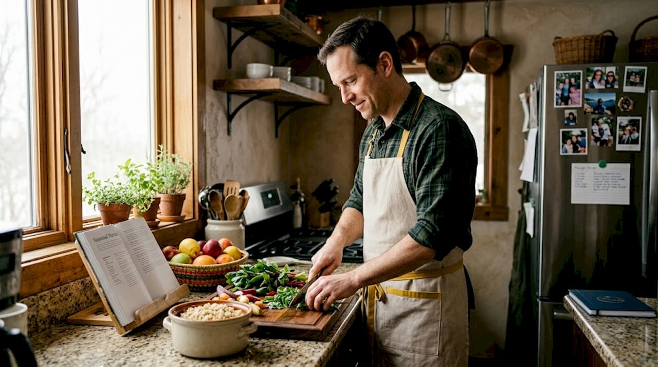 Man preparing seasonal foods in kitchen
