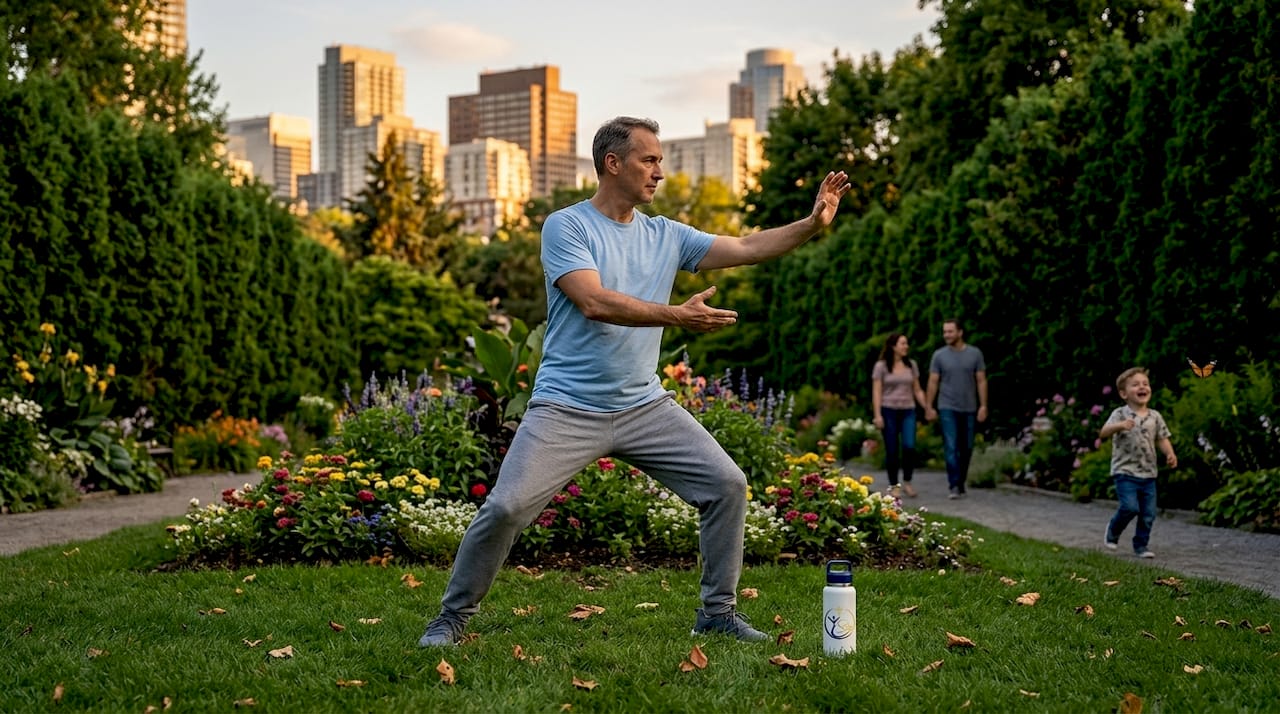 Man practicing tai chi for gut health in park