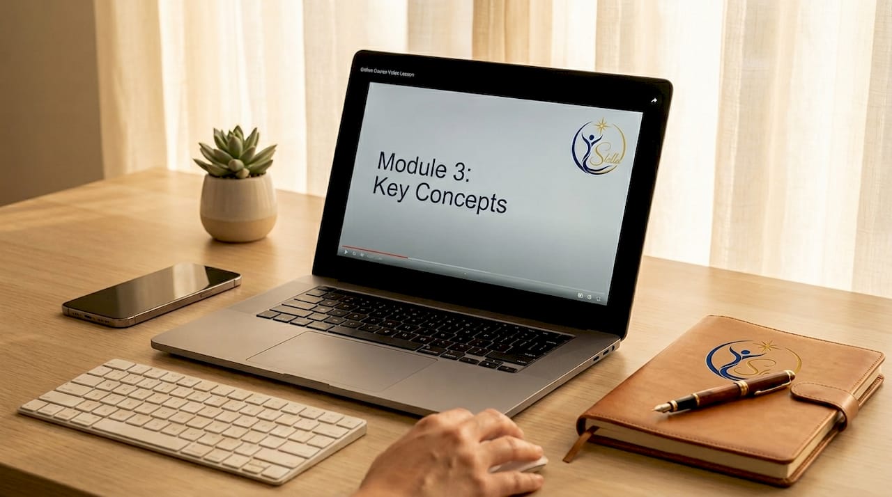 Laptop displaying self-paced online course video
