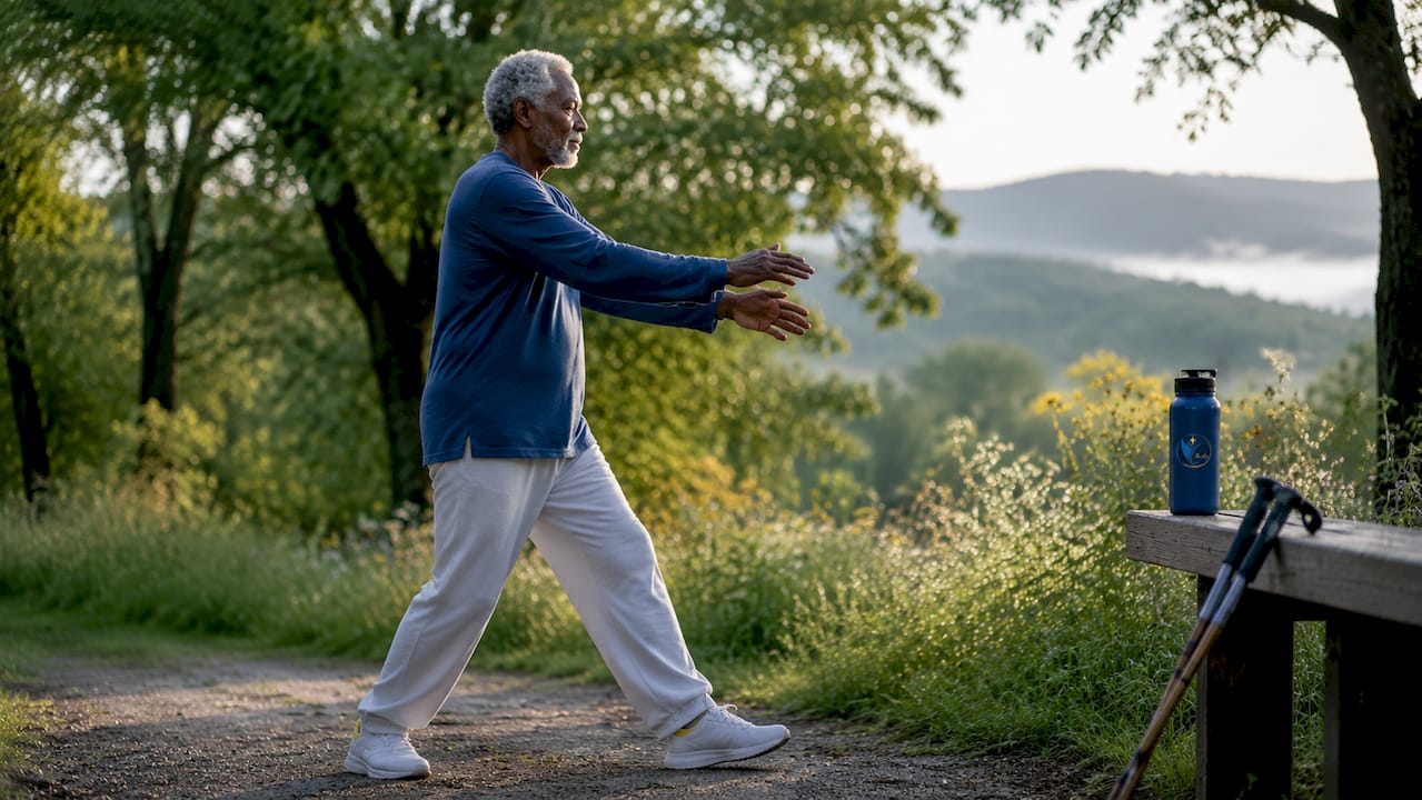 Older man doing walking qigong by water